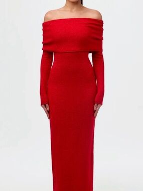 naked wardrobe Off-Shoulder Red Long Sleeve Maxi Dress NWT